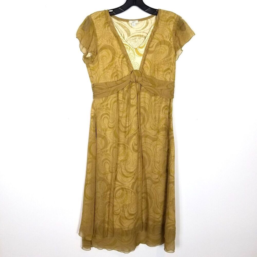J.Jill Women Silk Lining Dress Sz 2 Crinkle Green Beige Empire Waist Y2K Fairy
